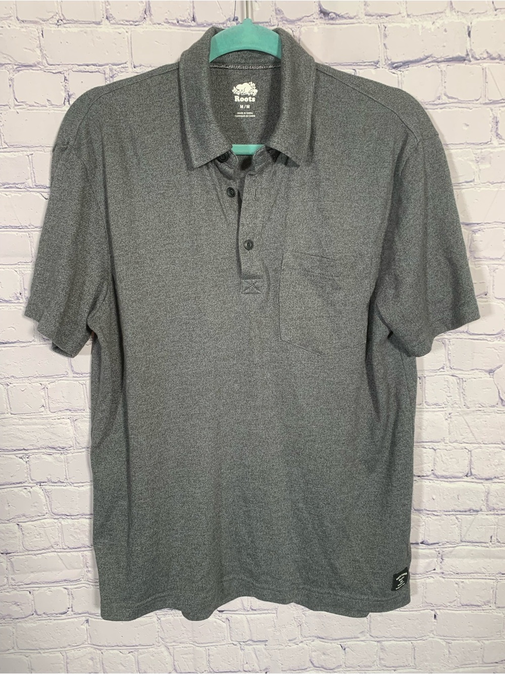Roots Mens Short Sleeve Polo Heather Gray Size M Casual Business Golf Prep